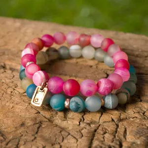 Iridescent Pink Beads with 14K Gold, Diamonds and Our Signature Dog Tag Charm