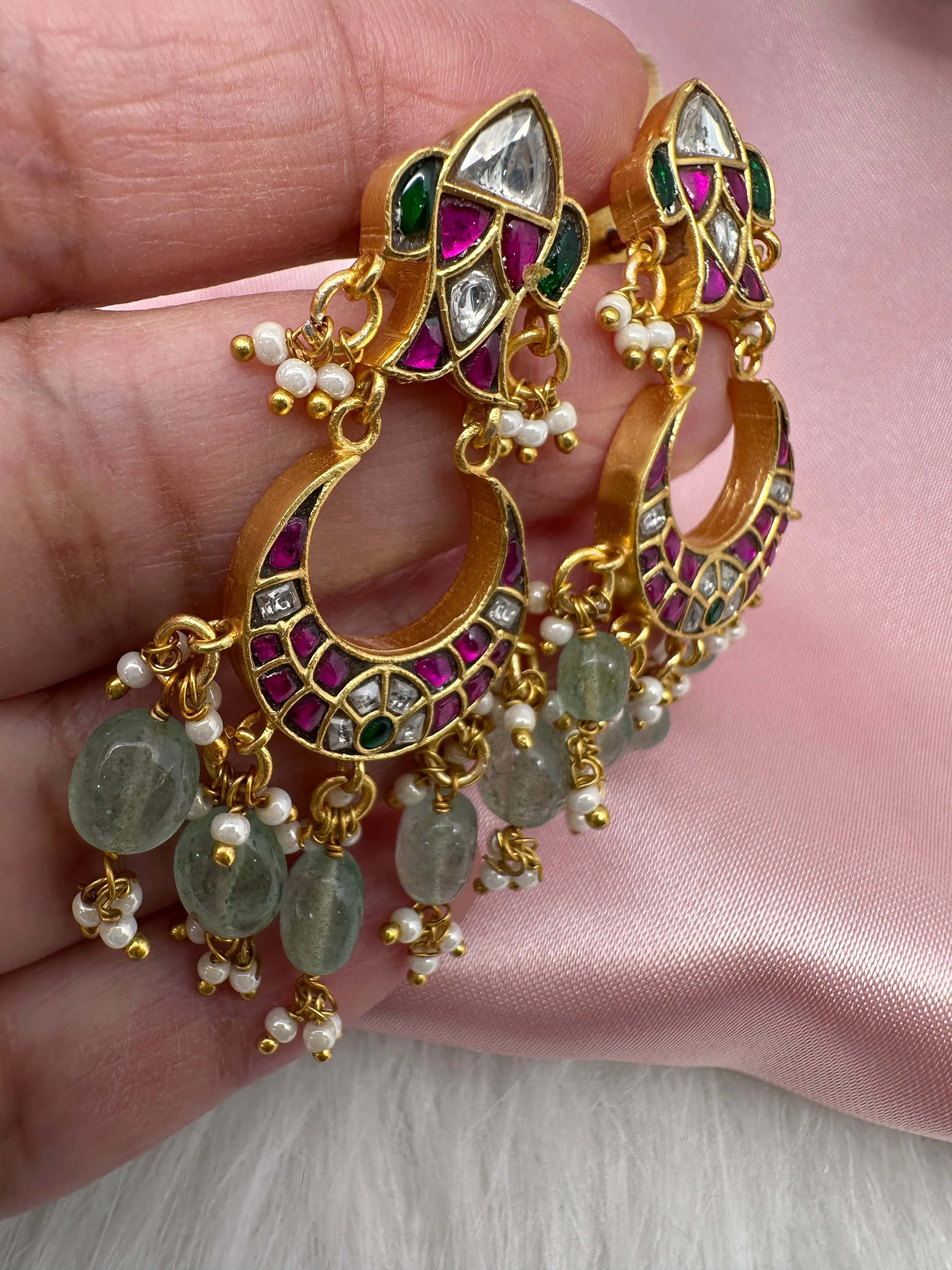 Jadau Kundan Emerald Beads Small Chandballi Earrings