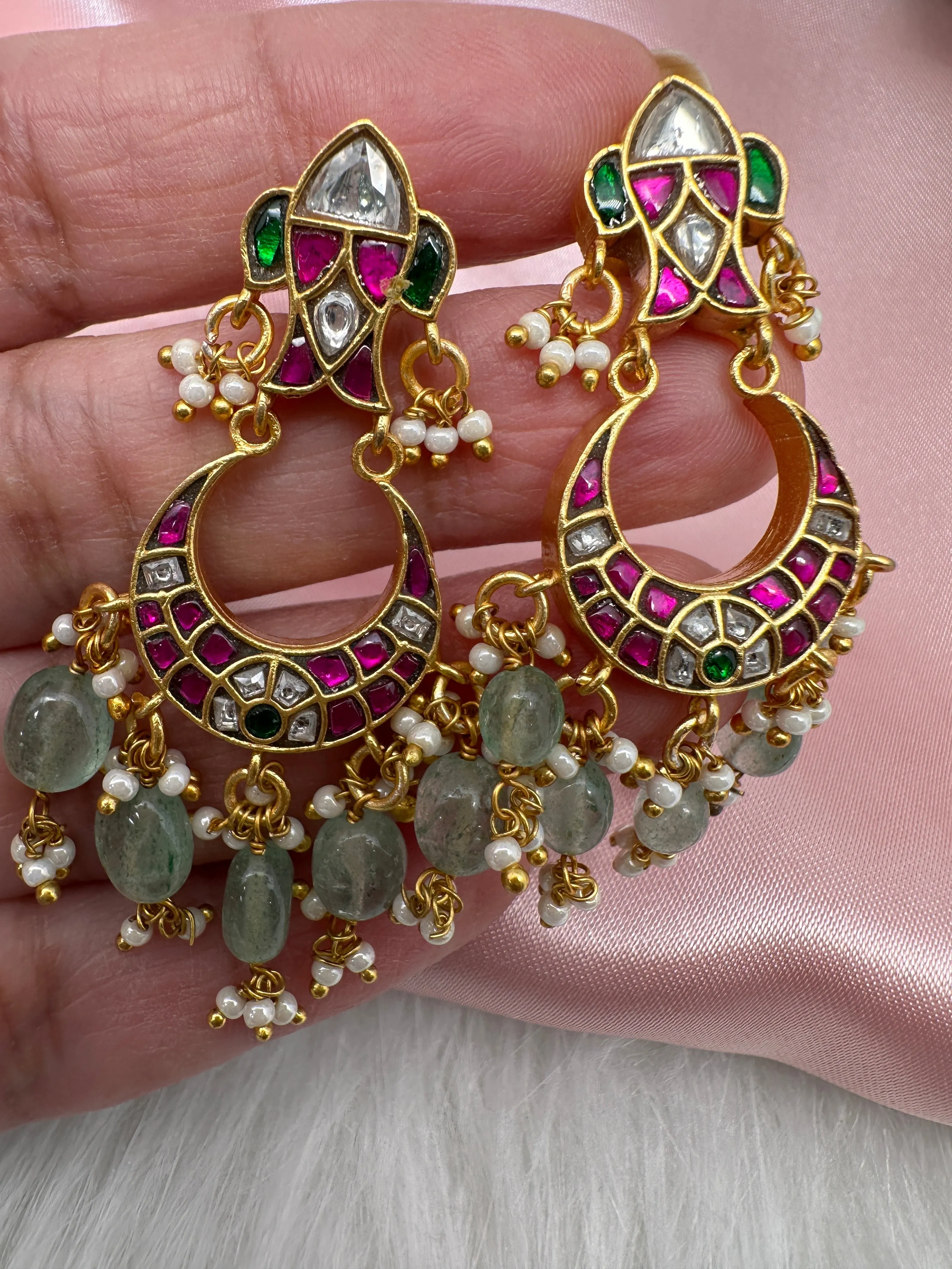 Jadau Kundan Emerald Beads Small Chandballi Earrings