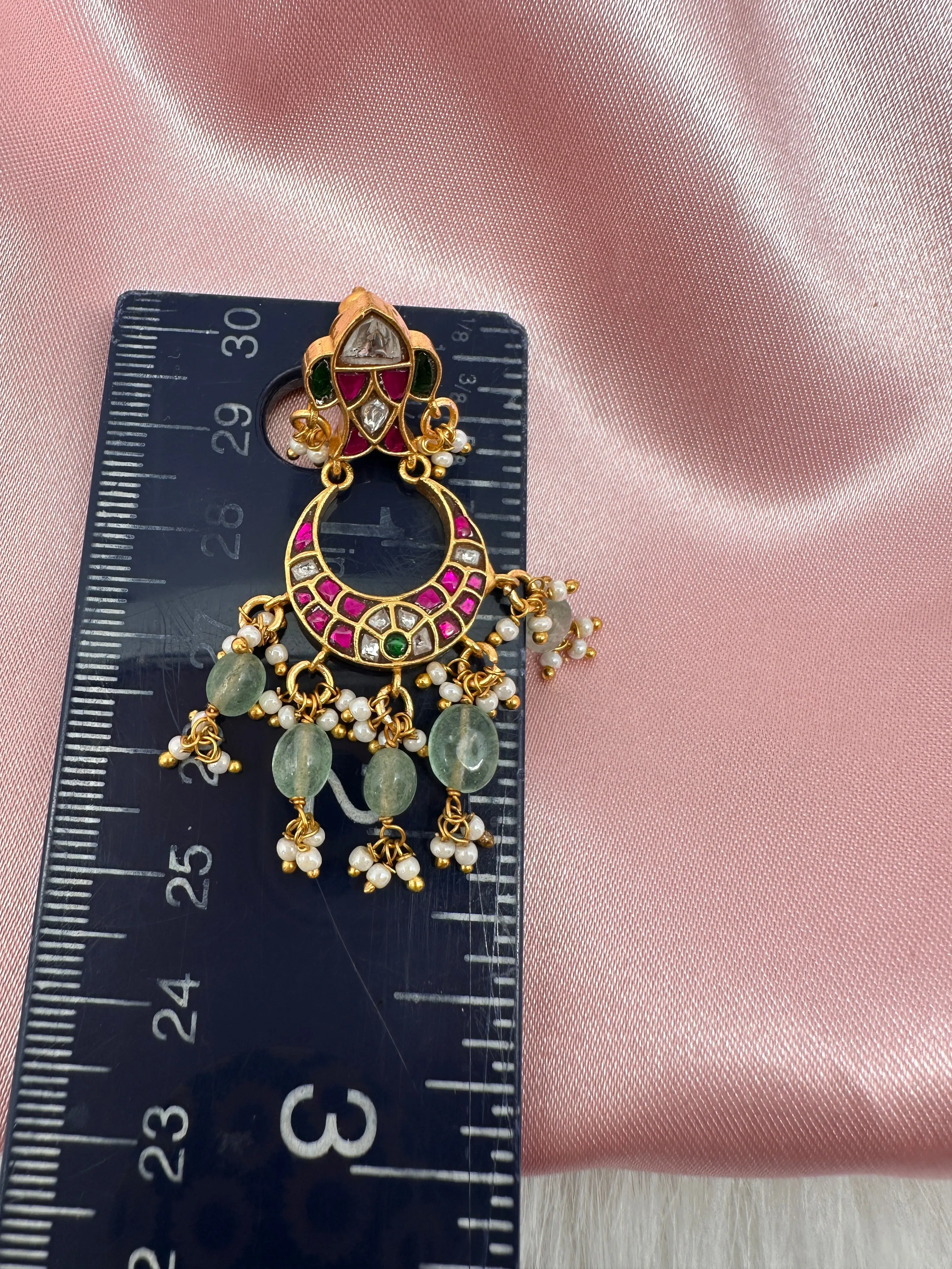 Jadau Kundan Emerald Beads Small Chandballi Earrings