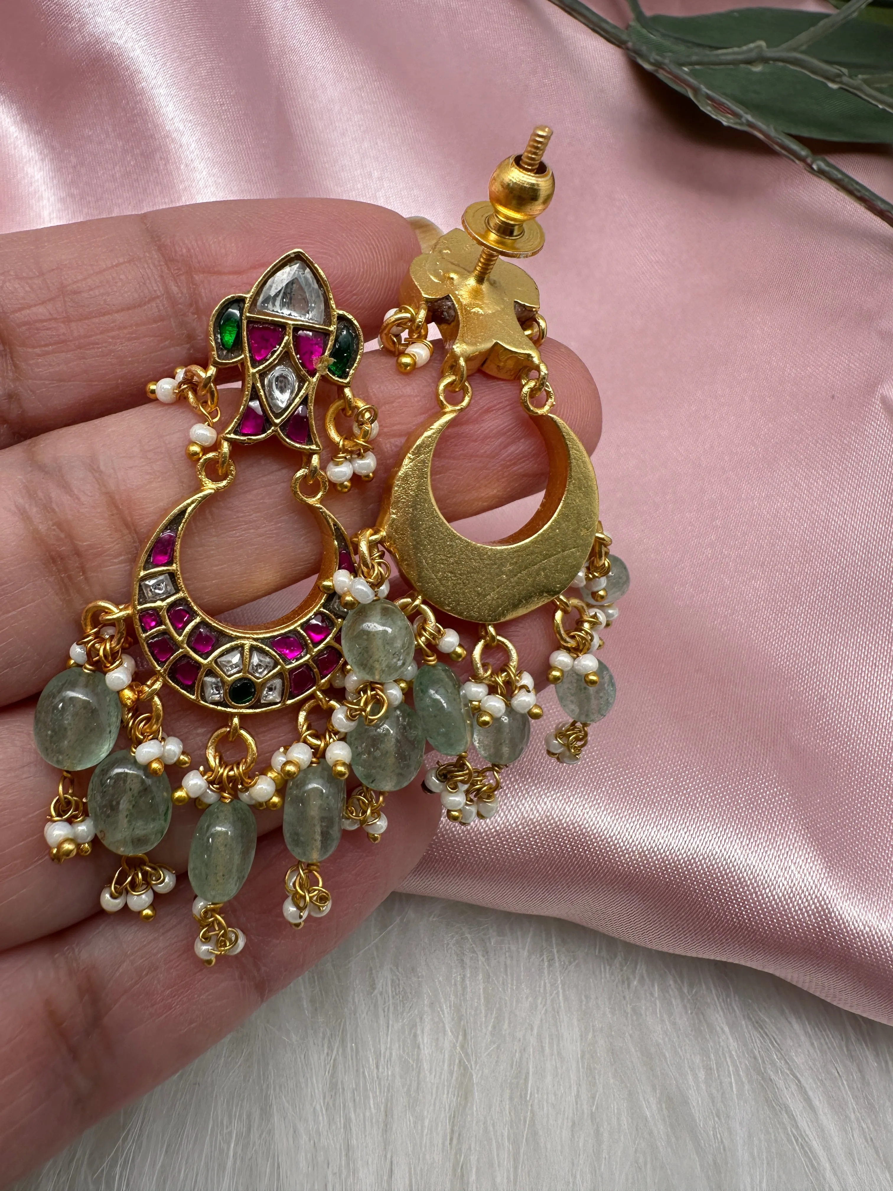 Jadau Kundan Emerald Beads Small Chandballi Earrings