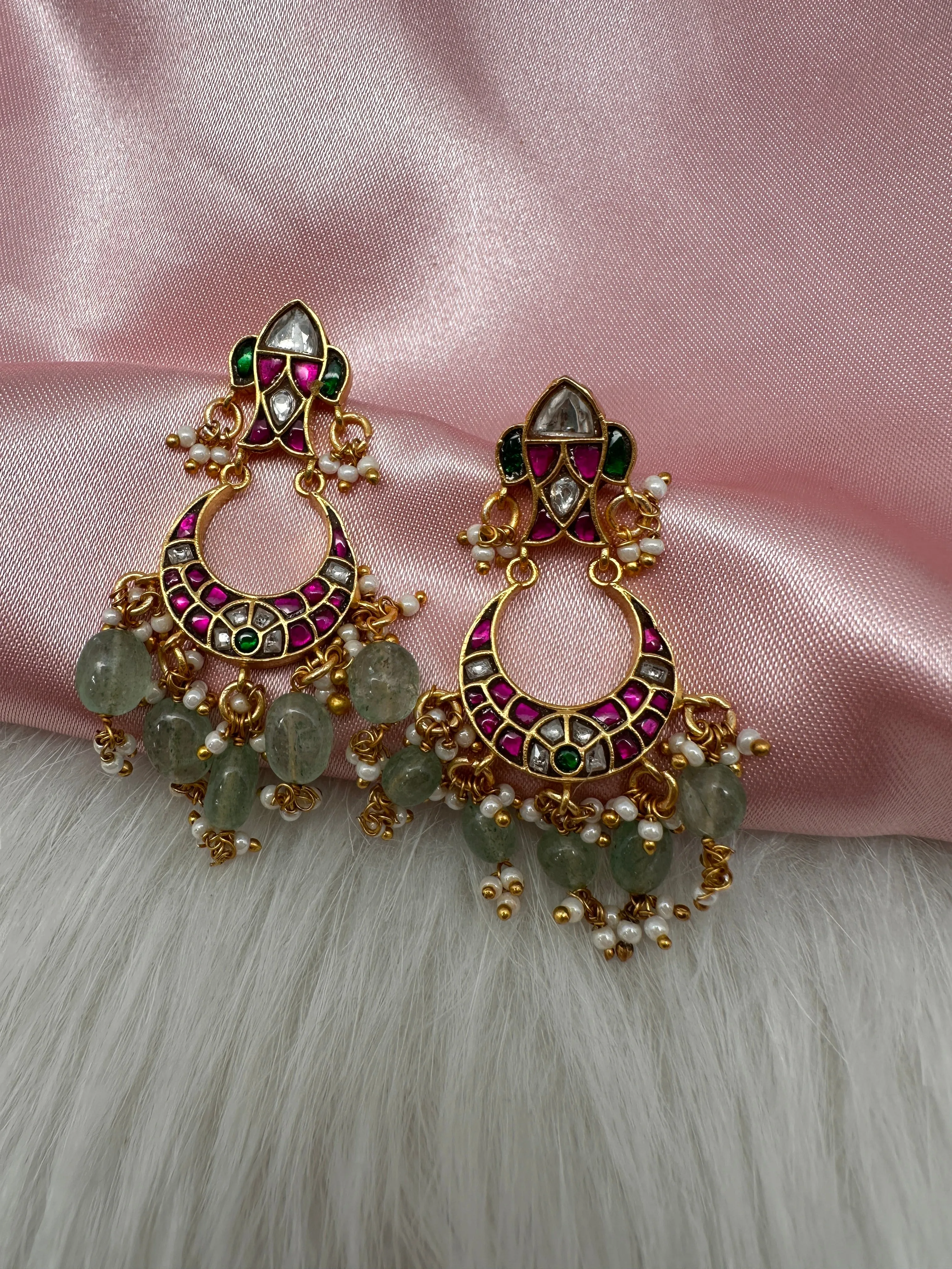 Jadau Kundan Emerald Beads Small Chandballi Earrings