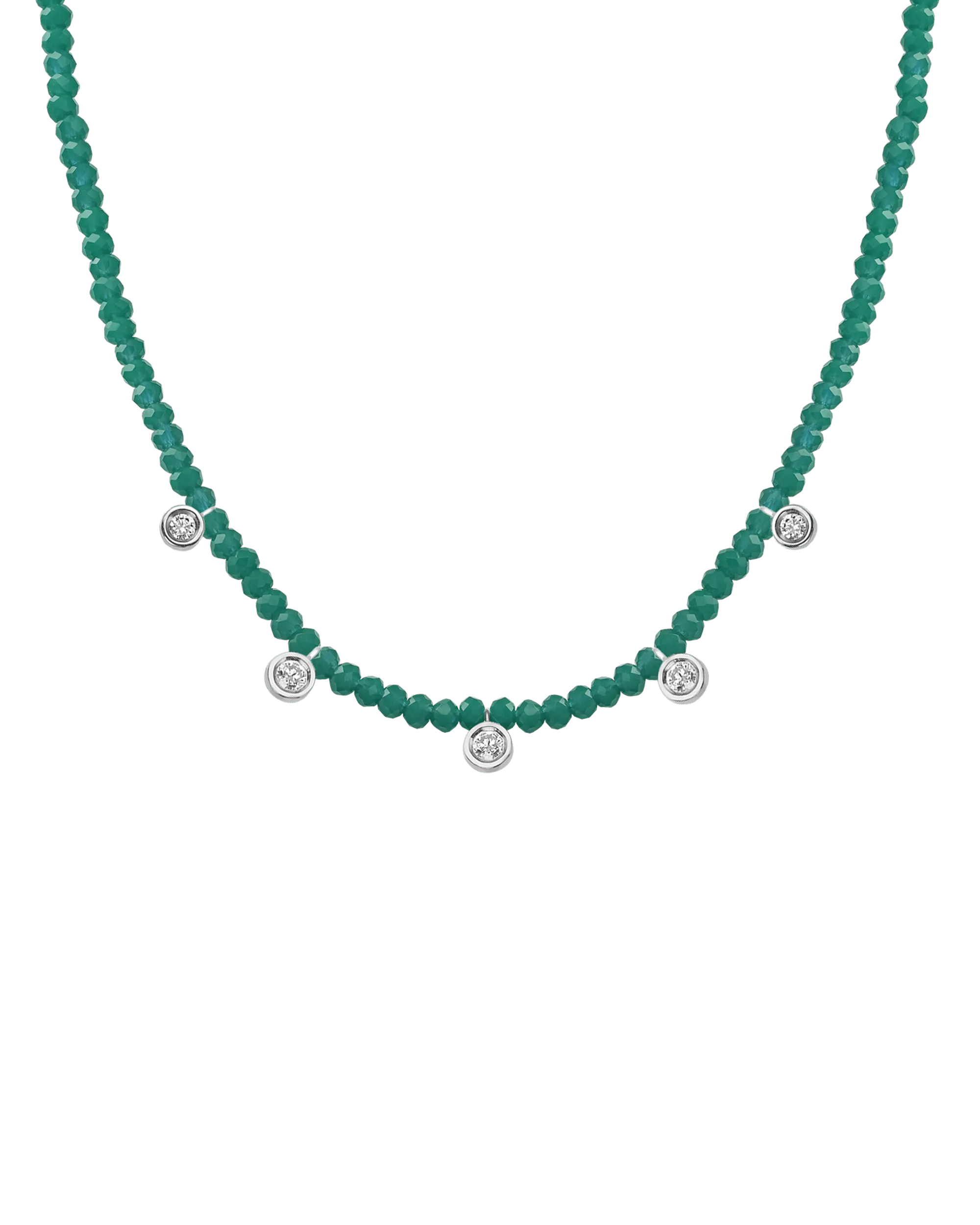 Jade Gemstone & Five diamonds Necklace - 14K White Gold