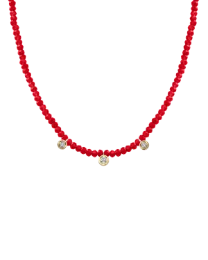 Jade Gemstone & Three diamonds Necklace - 14K Yellow Gold