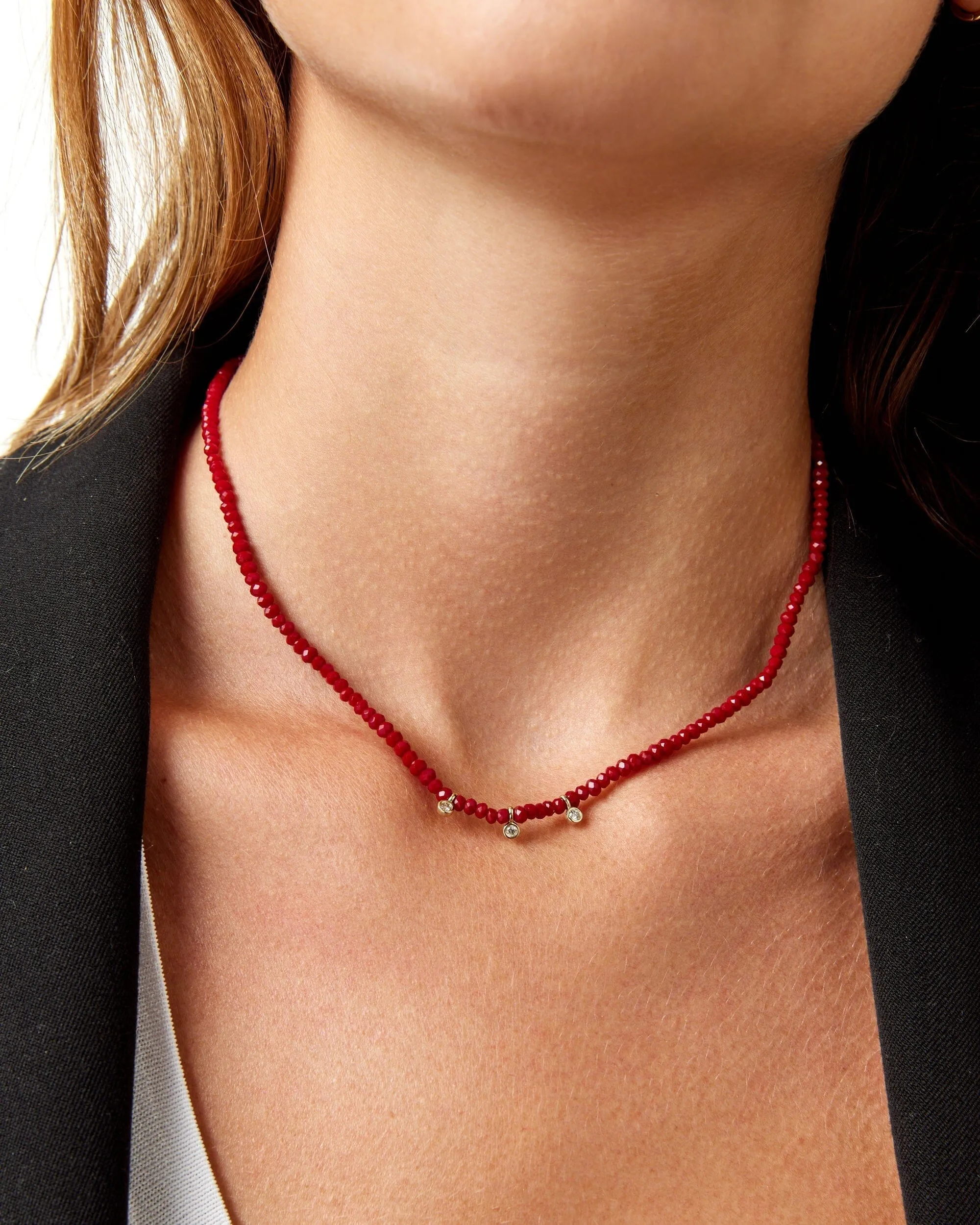 Jade Gemstone & Three diamonds Necklace - 14K Yellow Gold