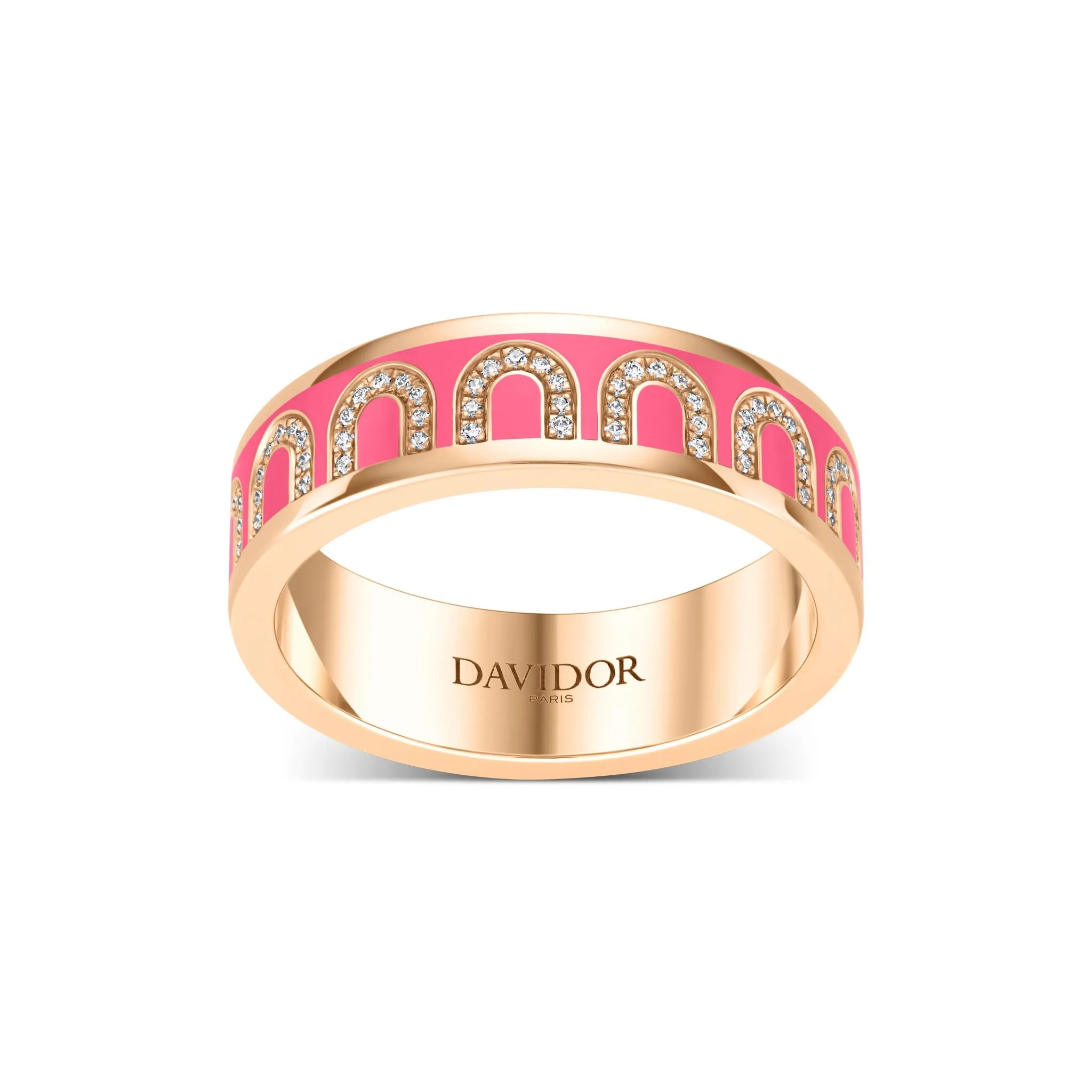 L'Arc de DAVIDOR Ring MM, 18k Rose Gold with Flamant Lacquered Ceramic and Arcade Diamonds
