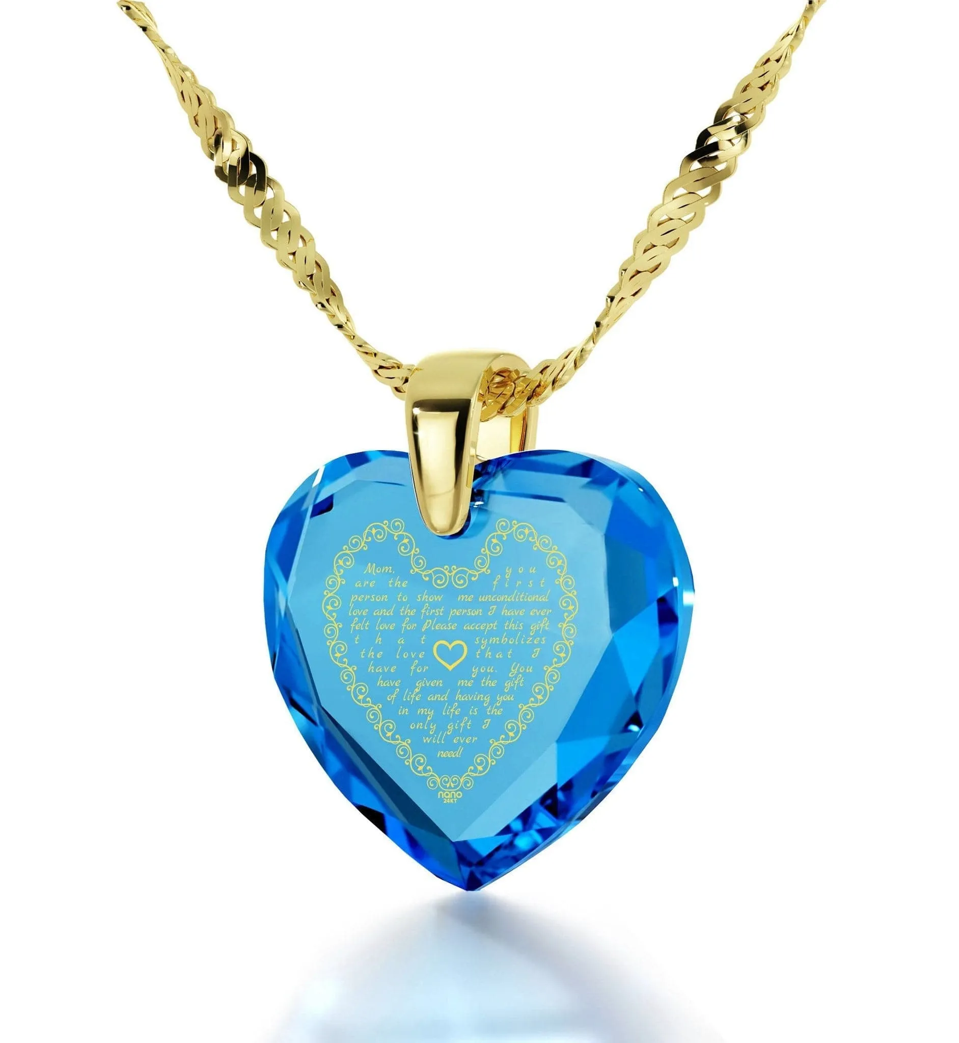 Letter to Mom, Sterling Silver Gold Plated (Vermeil) Necklace, Zirconia