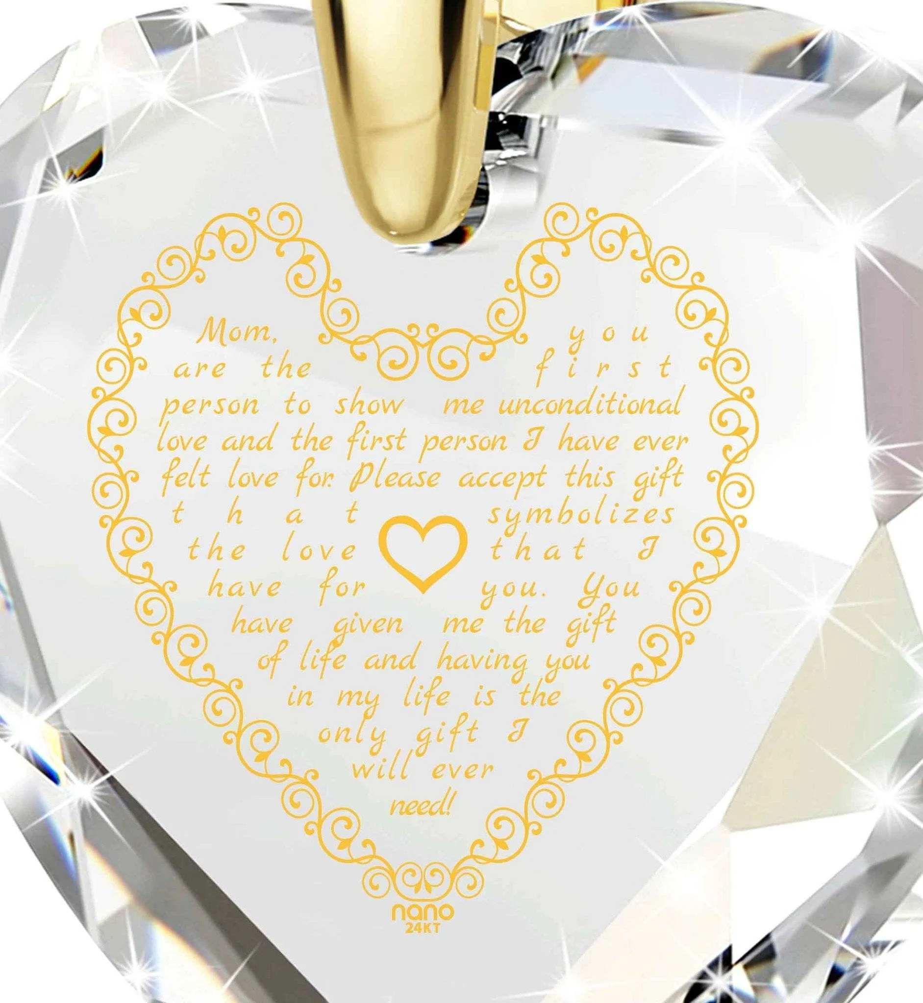 Letter to Mom, Sterling Silver Gold Plated (Vermeil) Necklace, Zirconia
