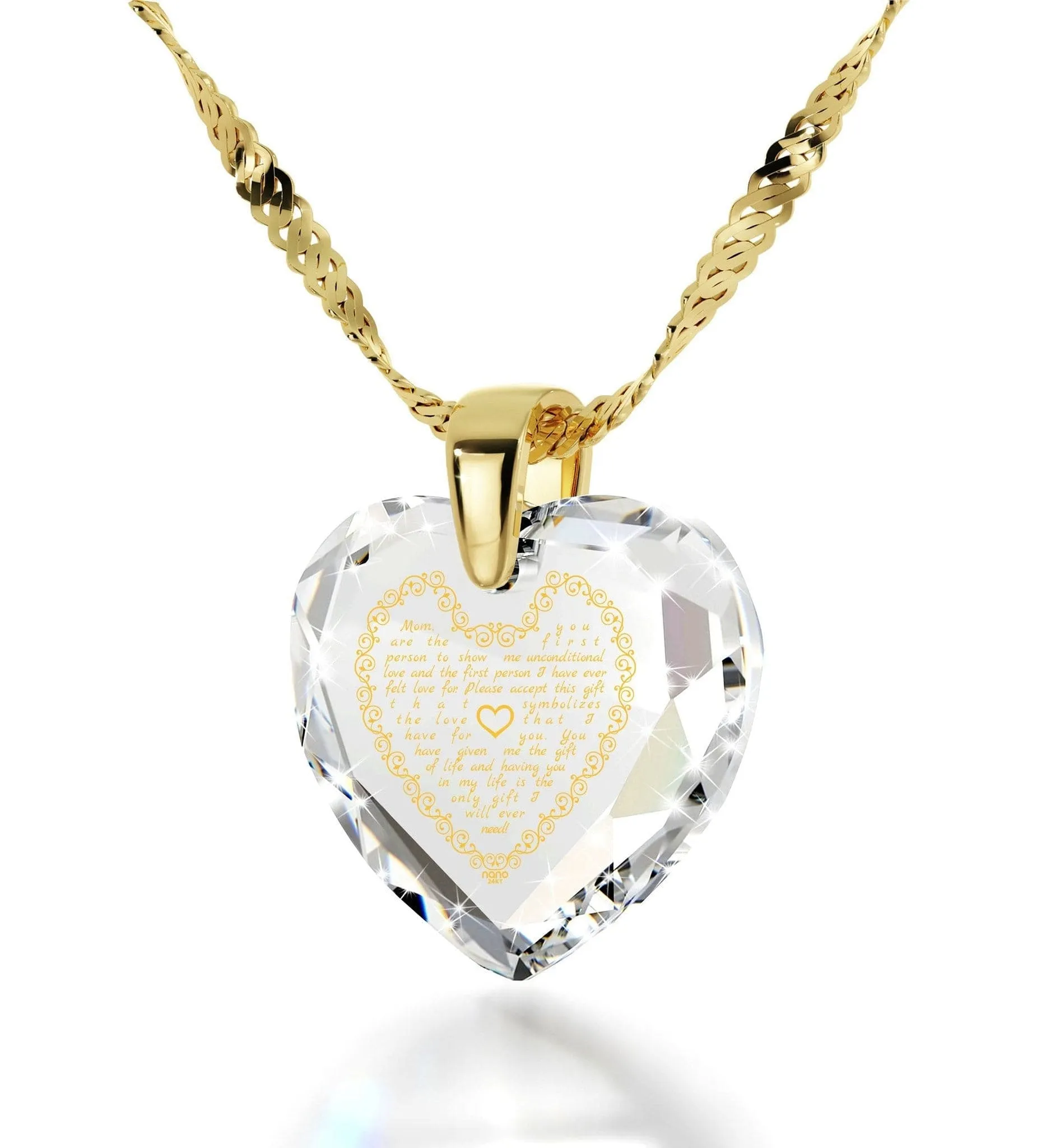 Letter to Mom, Sterling Silver Gold Plated (Vermeil) Necklace, Zirconia