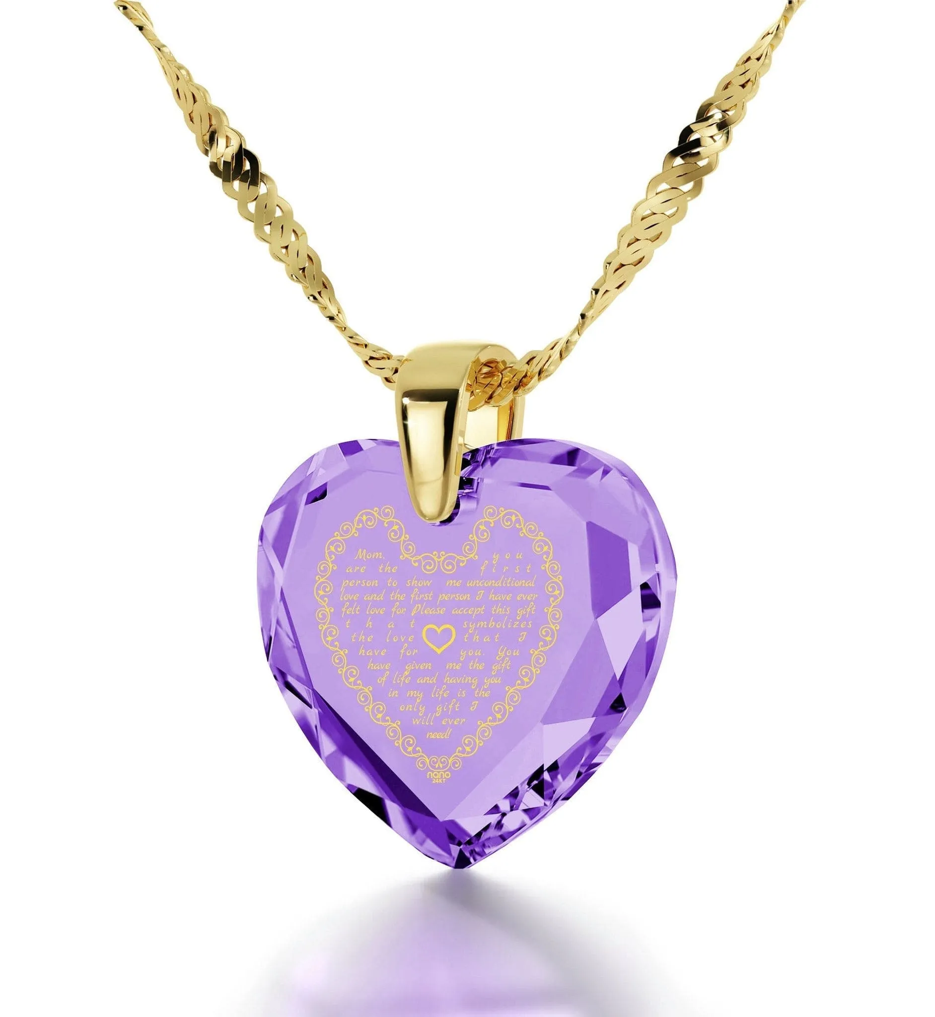 Letter to Mom, Sterling Silver Gold Plated (Vermeil) Necklace, Zirconia