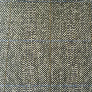 Light Grey Herringbone With Blue And Gold Check Country Tweed Jacketing