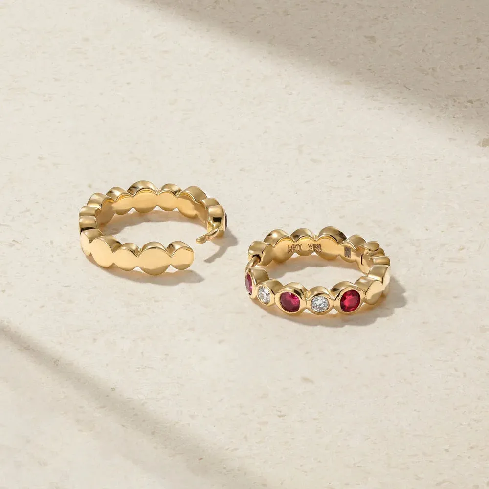 Mark Henry 18k Yellow Gold Bubbly Ruby and Diamond Mini Hoop Earrings
