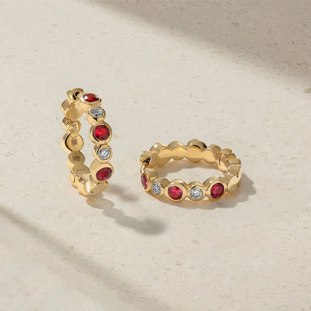 Mark Henry 18k Yellow Gold Bubbly Ruby and Diamond Mini Hoop Earrings
