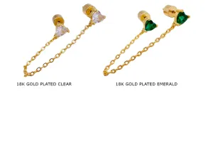 MP4229 Double Piercing Earring Heart Stud With Chain  CHOOSE COLOR BELOW