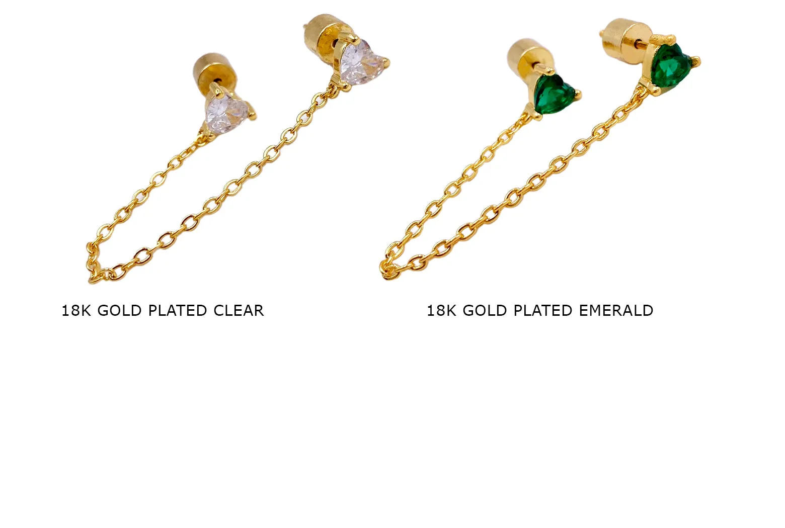 MP4229 Double Piercing Earring Heart Stud With Chain  CHOOSE COLOR BELOW