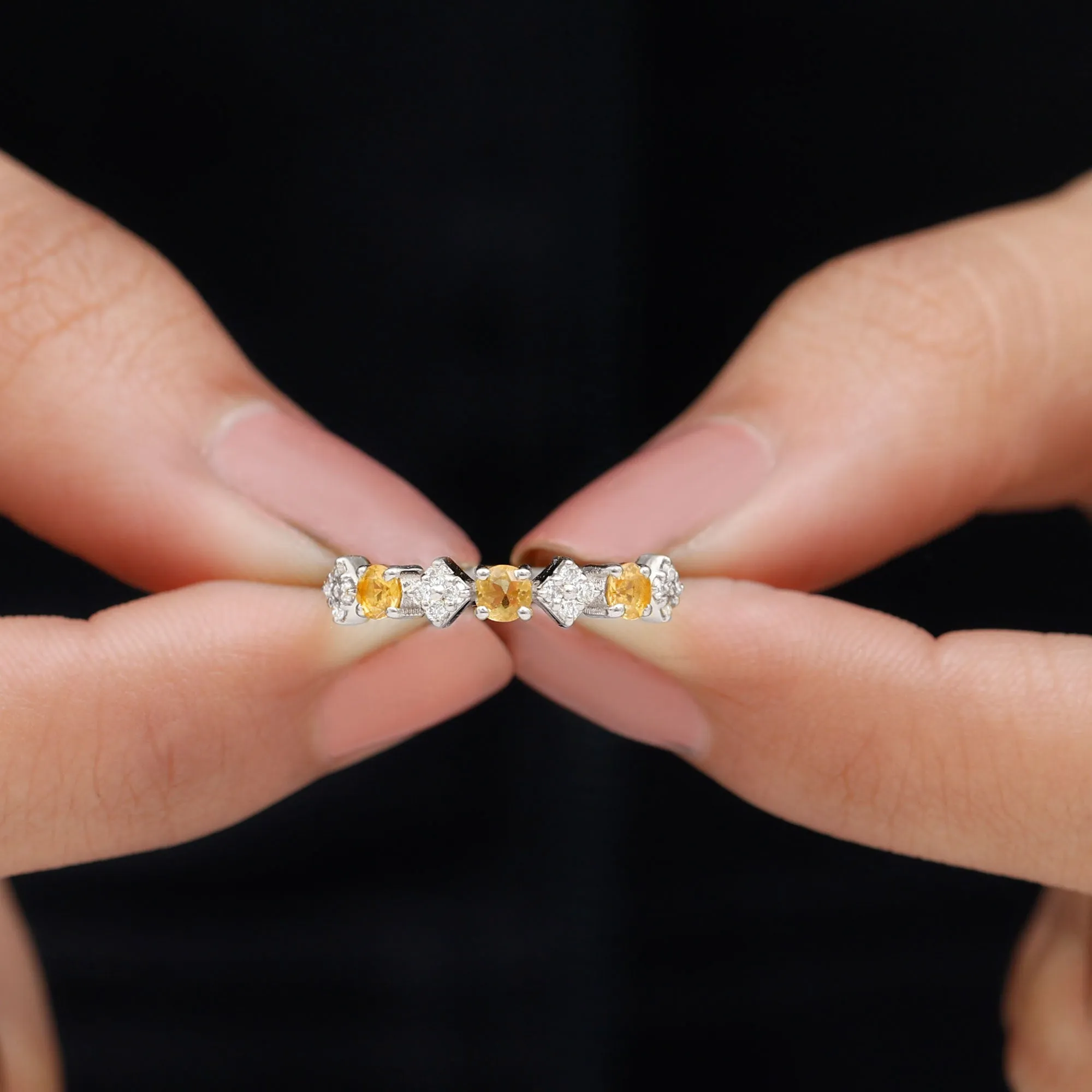 Natural Citrine and Diamond Half Eternity Band Ring in Gold