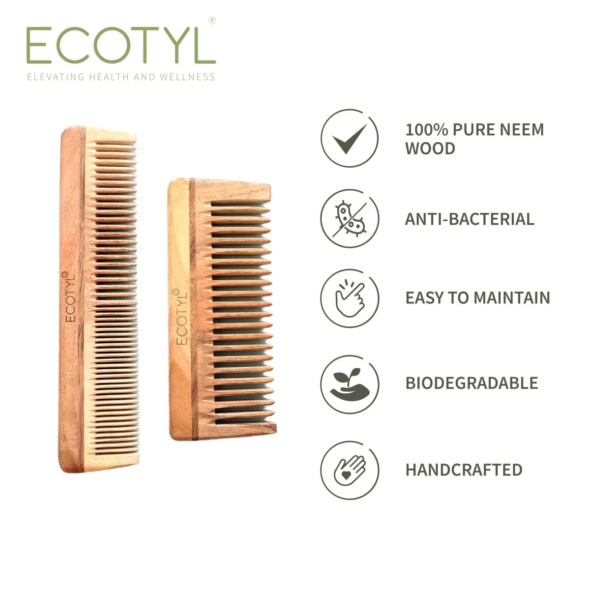 Neem Wood Comb Combo- Detangling & Shampoo Comb | Set of 2