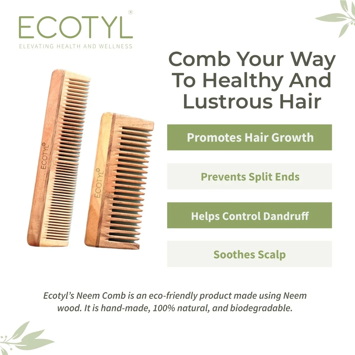 Neem Wood Comb Combo- Detangling & Shampoo Comb | Set of 2