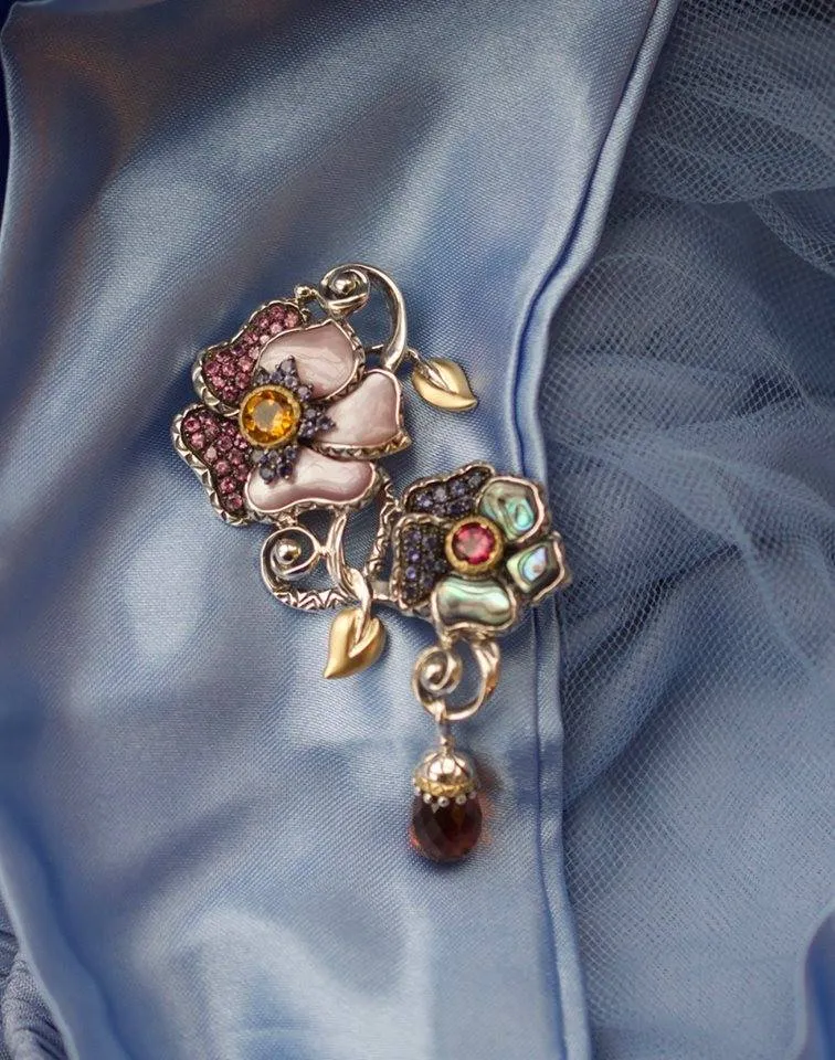 Pansy Pin / Pendant - Pink Garnet, Iolite, Pink Mother of Pearl, Abalone & Citrine (Advanced Order)