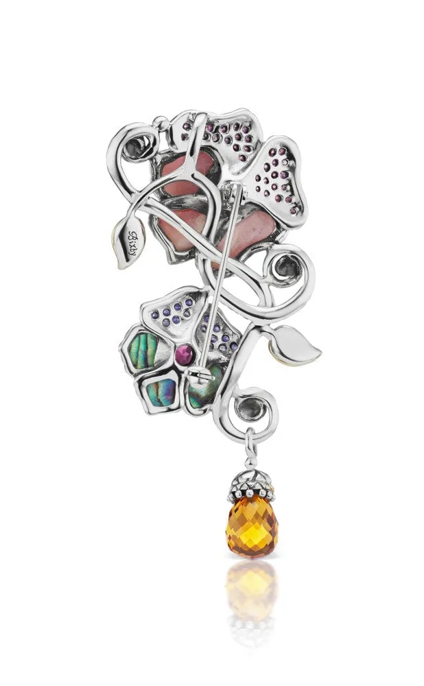 Pansy Pin / Pendant - Pink Garnet, Iolite, Pink Mother of Pearl, Abalone & Citrine (Advanced Order)