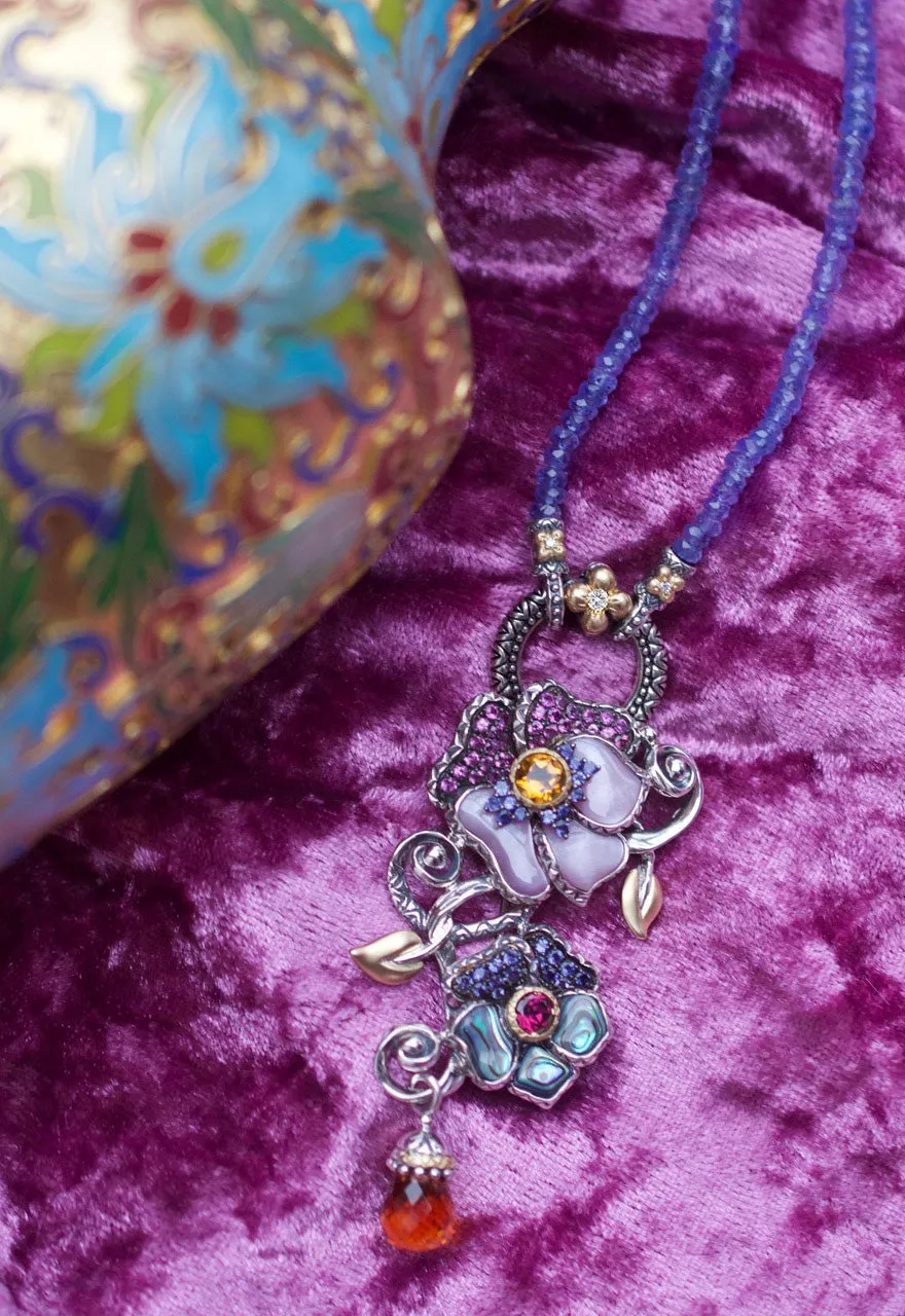 Pansy Pin / Pendant - Pink Garnet, Iolite, Pink Mother of Pearl, Abalone & Citrine (Advanced Order)