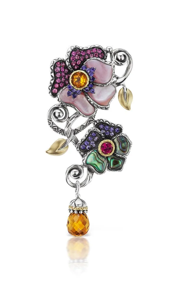 Pansy Pin / Pendant - Pink Garnet, Iolite, Pink Mother of Pearl, Abalone & Citrine (Advanced Order)