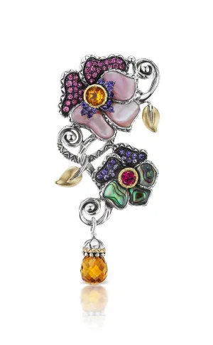 Pansy Pin / Pendant - Pink Garnet, Iolite, Pink Mother of Pearl, Abalone & Citrine (Advanced Order)