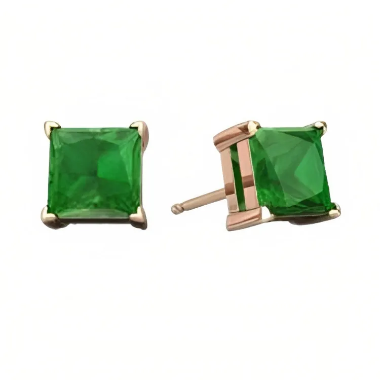 Paris Jewelry 18k Rose Gold 2 Pair Created Emerald 4mm Round & Princess Cut Stud Earrings Plated