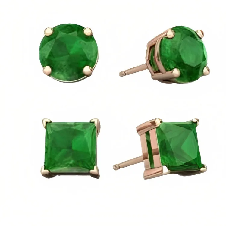 Paris Jewelry 18k Rose Gold 2 Pair Created Emerald 4mm Round & Princess Cut Stud Earrings Plated