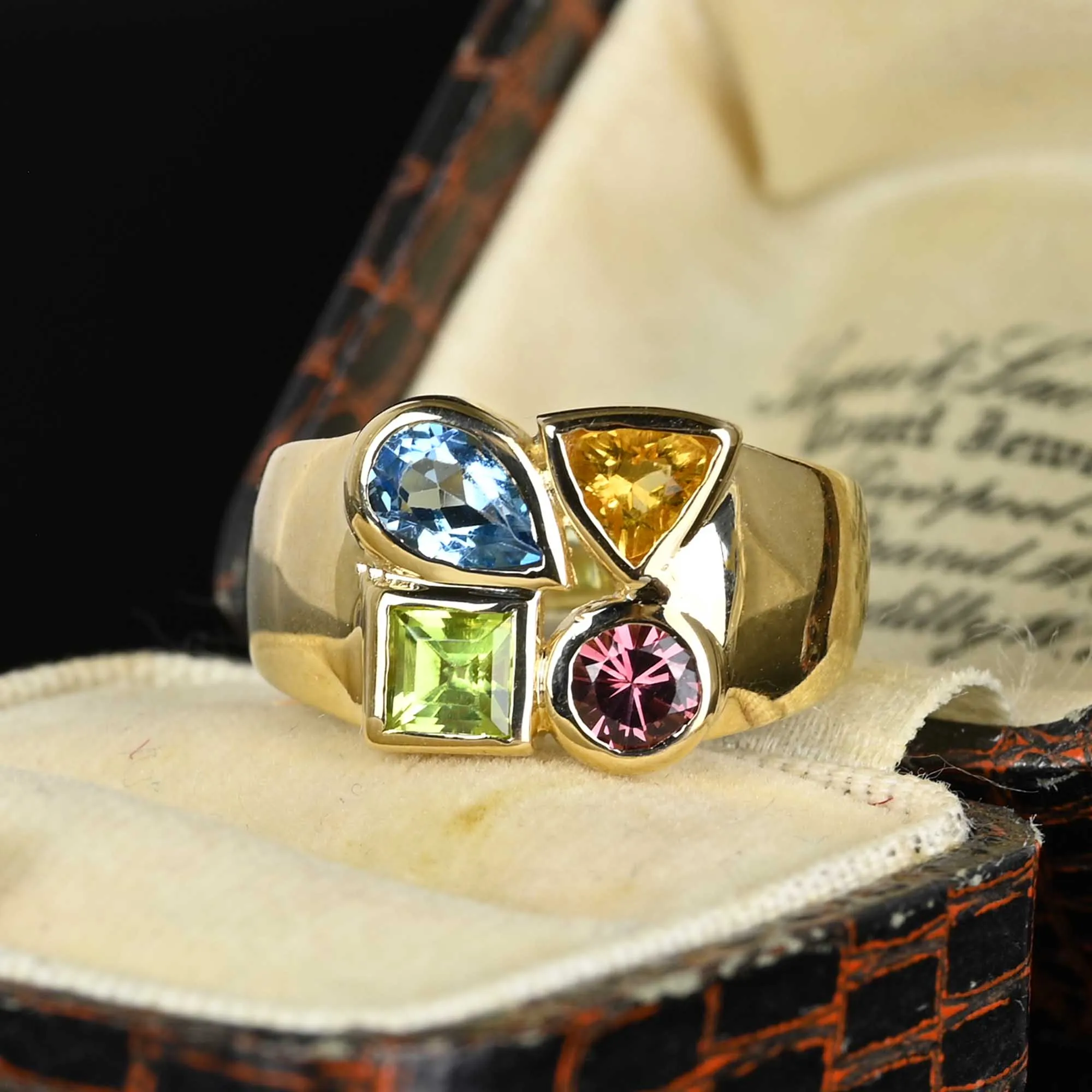 Peridot Citrine Topaz Garnet Wide 14K Gold Ring