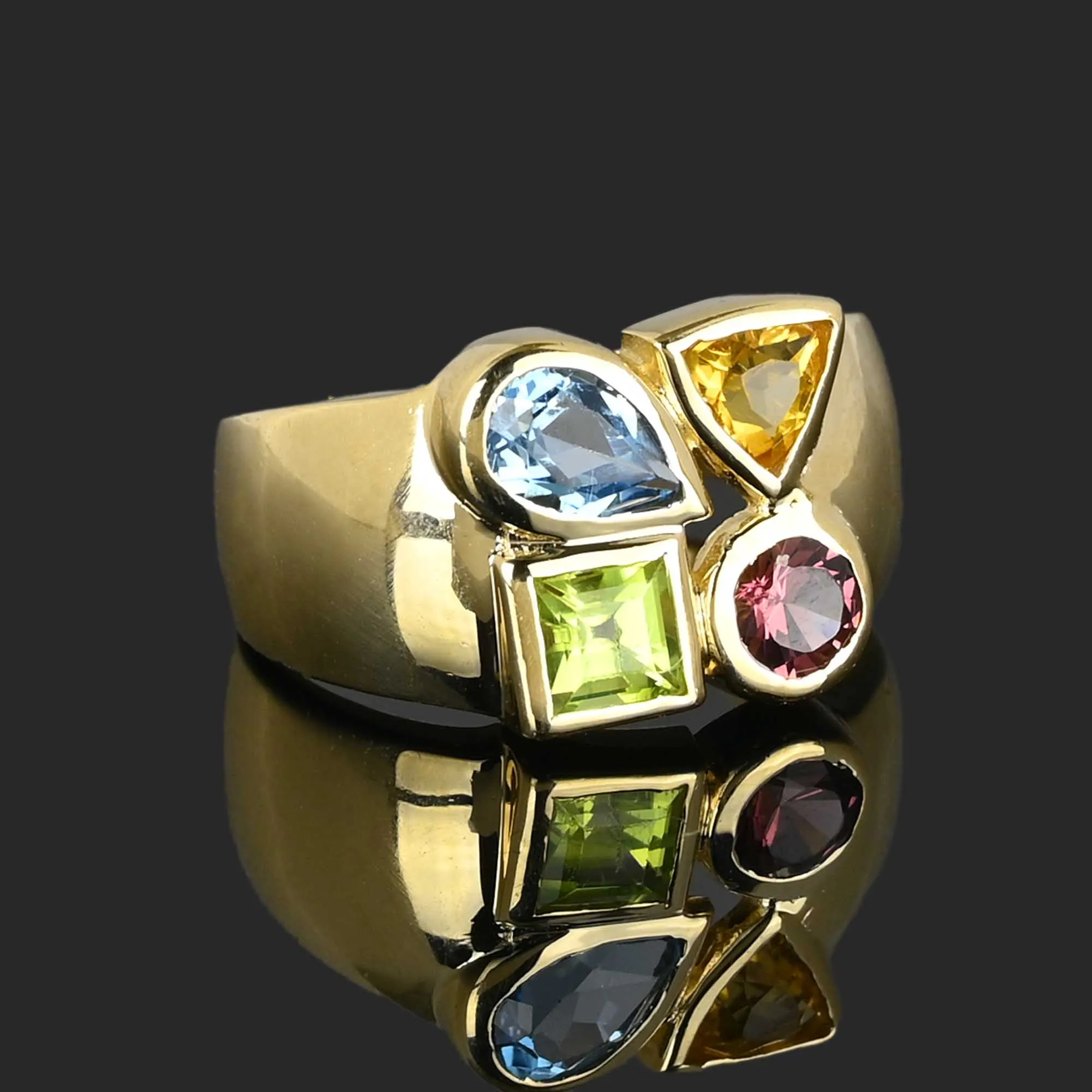 Peridot Citrine Topaz Garnet Wide 14K Gold Ring