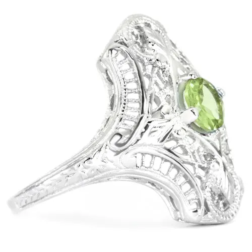 PERIDOT STERLING SILVER VINTAGE STYLE COCKTAIL RING ART DECO FILIGREE NAVETTE