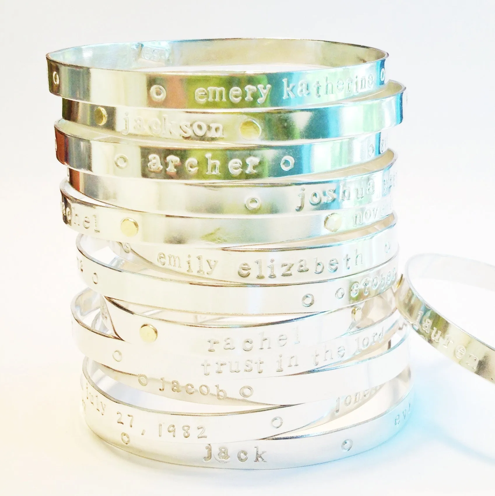 Personalized Mom silver Bespoke Bangle with 18K gold dots