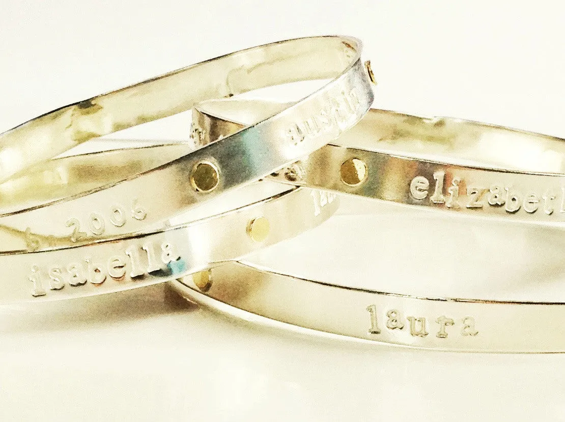 Personalized Mom silver Bespoke Bangle with 18K gold dots