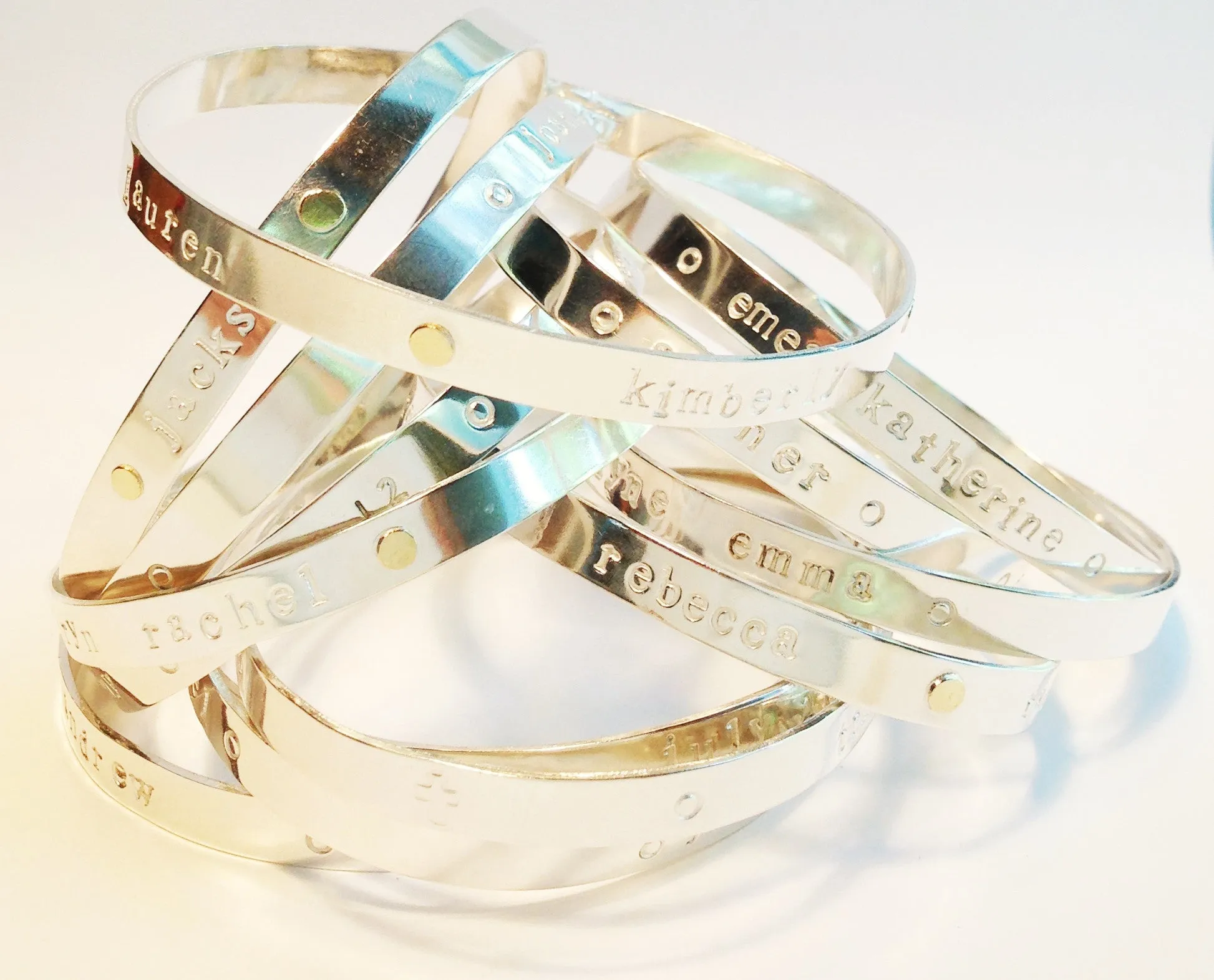 Personalized Mom silver Bespoke Bangle with 18K gold dots