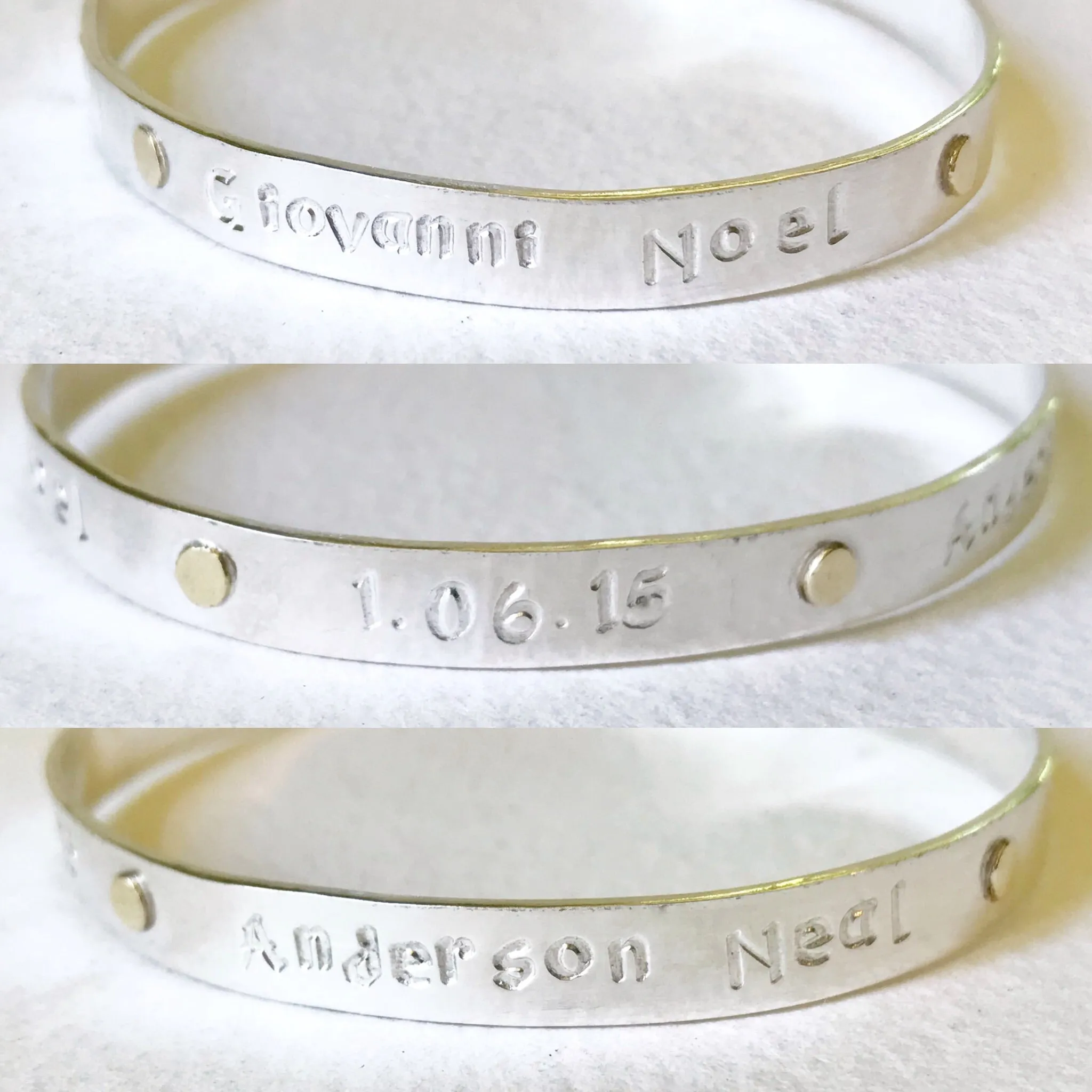 Personalized Mom silver Bespoke Bangle with 18K gold dots