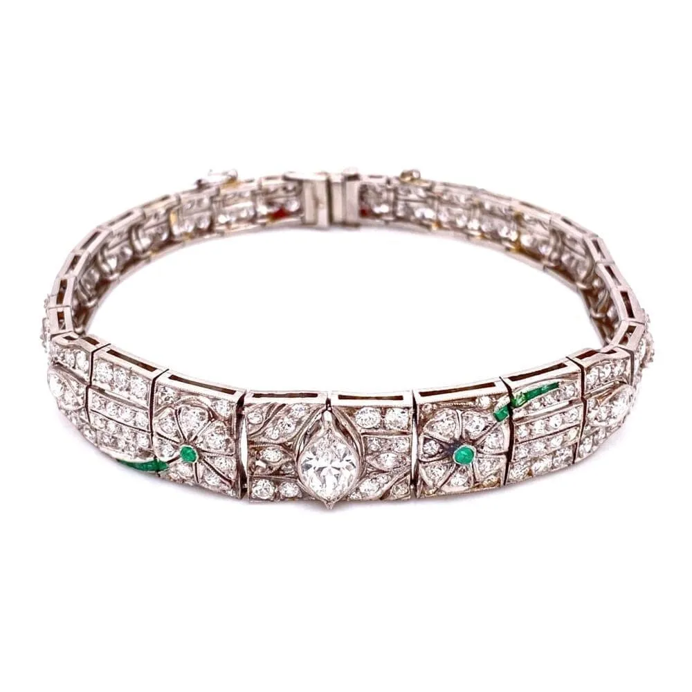 Platinum Art Deco Diamond Bracelet, 5.75tcw & .10tcw Emeralds 22.8g, 7" at Regard Jewelry in Austin,