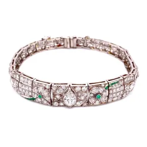 Platinum Art Deco Diamond Bracelet, 5.75tcw & .10tcw Emeralds 22.8g, 7" at Regard Jewelry in Austin,
