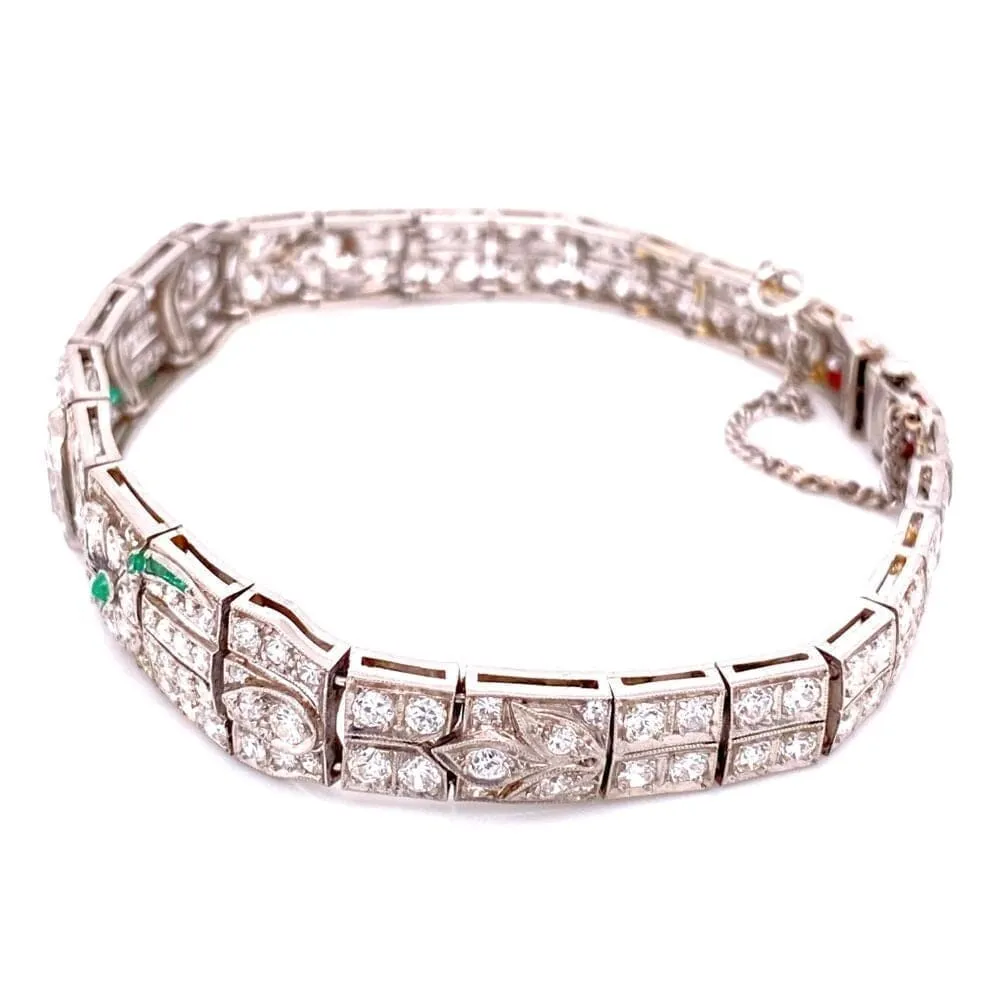 Platinum Art Deco Diamond Bracelet, 5.75tcw & .10tcw Emeralds 22.8g, 7" at Regard Jewelry in Austin,