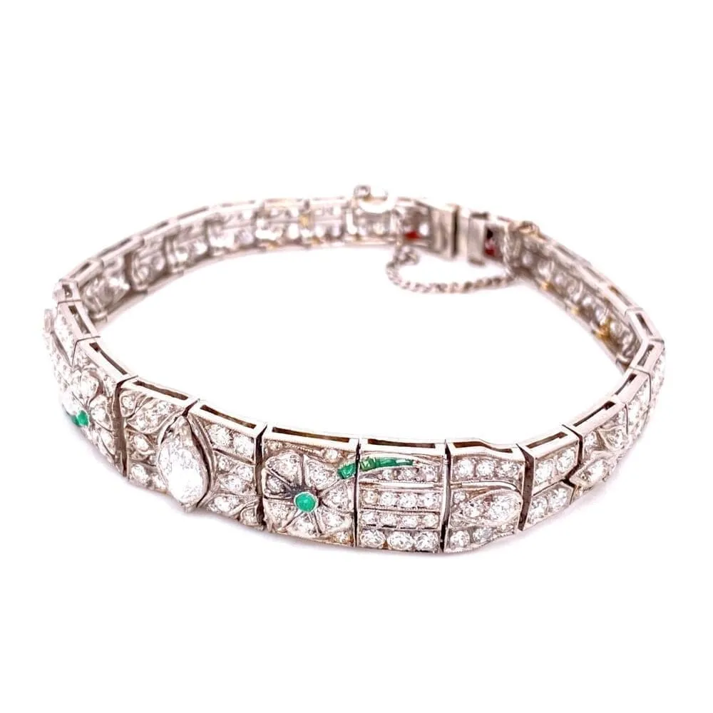 Platinum Art Deco Diamond Bracelet, 5.75tcw & .10tcw Emeralds 22.8g, 7" at Regard Jewelry in Austin,