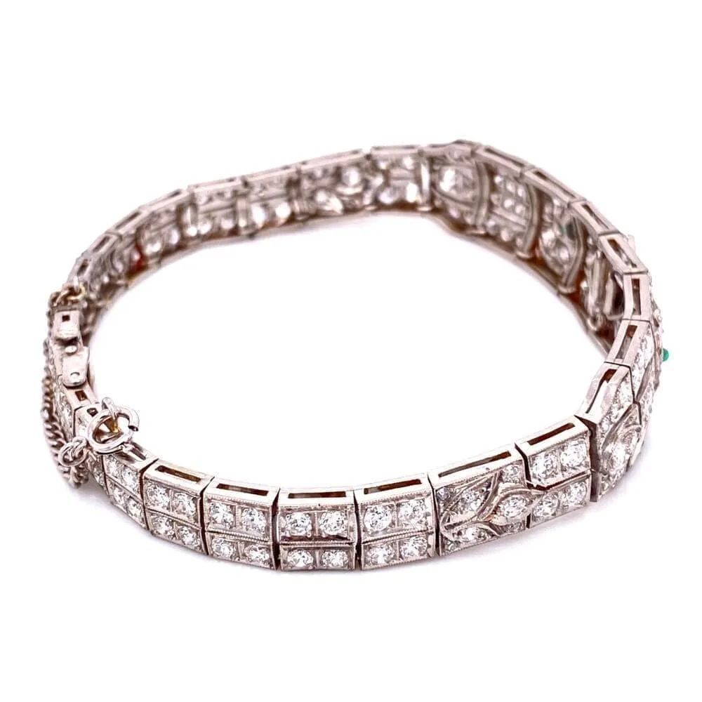 Platinum Art Deco Diamond Bracelet, 5.75tcw & .10tcw Emeralds 22.8g, 7" at Regard Jewelry in Austin,