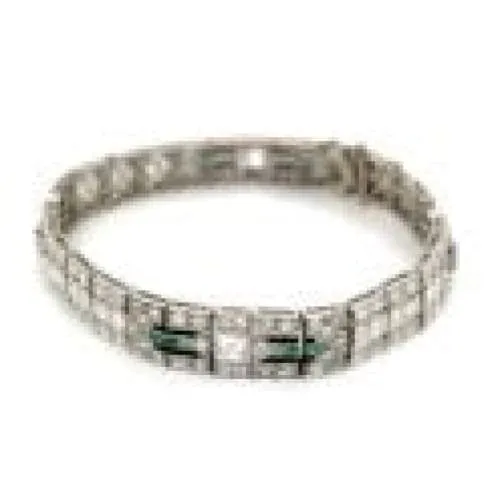 Platinum Art Deco Diamond, Emerald and Onyx Bracelet at Regard Jewelry in Austin, Texas