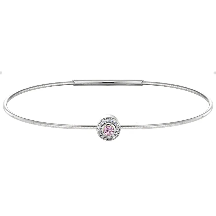 Platinum Finish Sterling Silver Round Simulated Pink Sapphire Birth Gem Bracelet with Simulated Diamonds