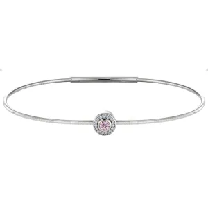 Platinum Finish Sterling Silver Round Simulated Pink Sapphire Birth Gem Bracelet with Simulated Diamonds