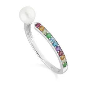 Regenbogen Edelstein & Perlen Offen Ring in 925 Sterling Silber