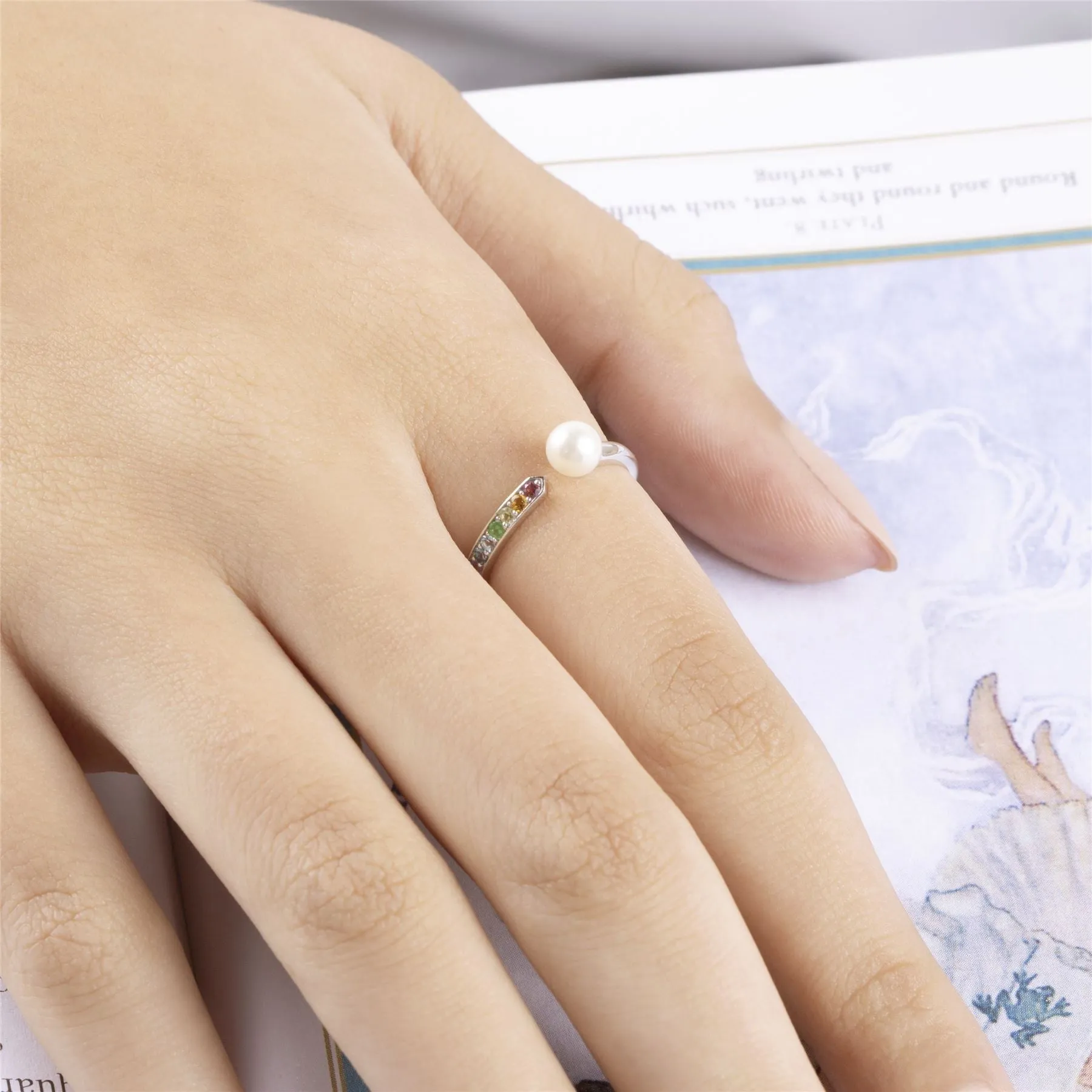 Regenbogen Edelstein & Perlen Offen Ring in 925 Sterling Silber