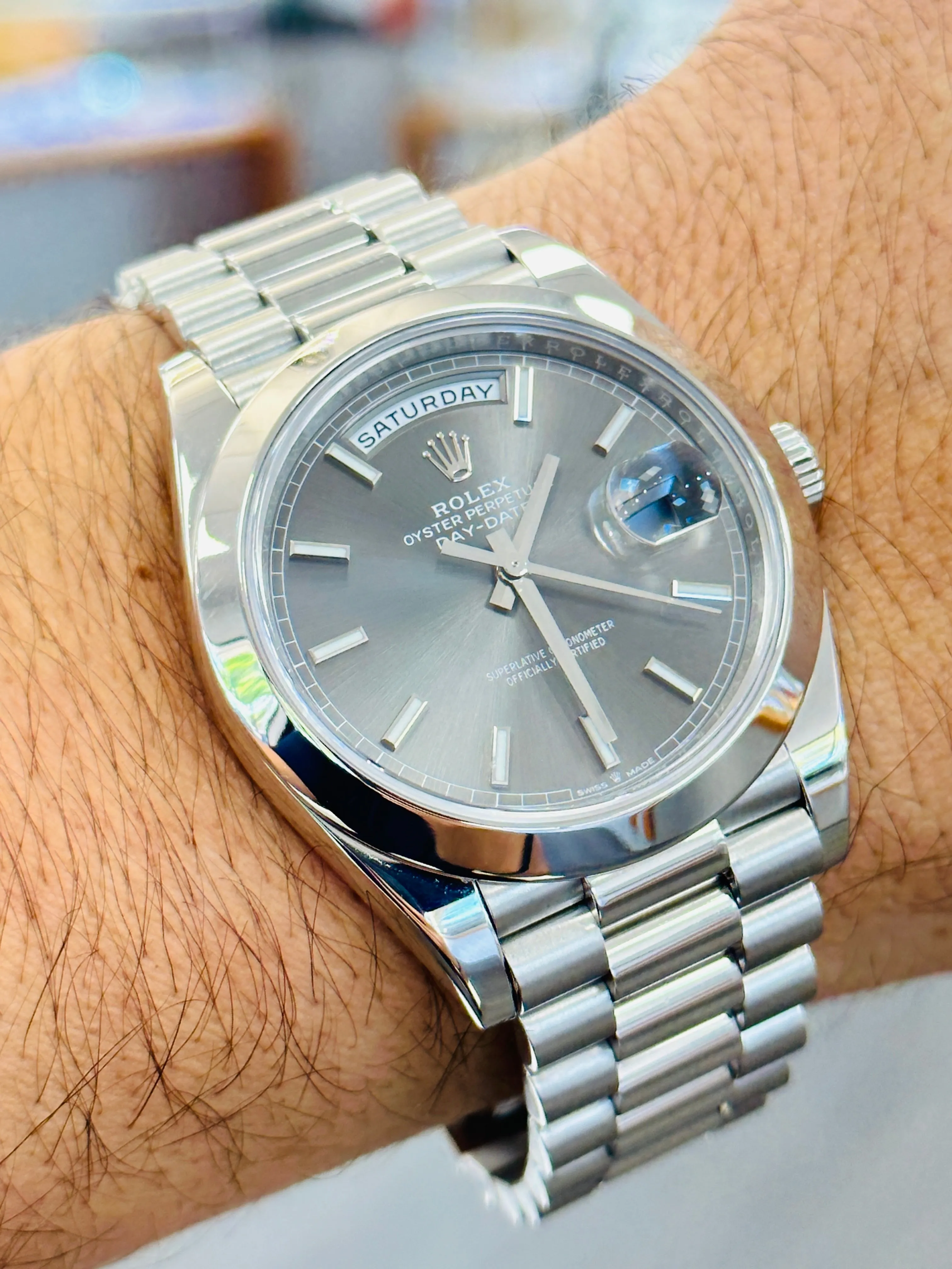 Rolex Day-Date 40mm Platinum 228206 Grey PreOwned