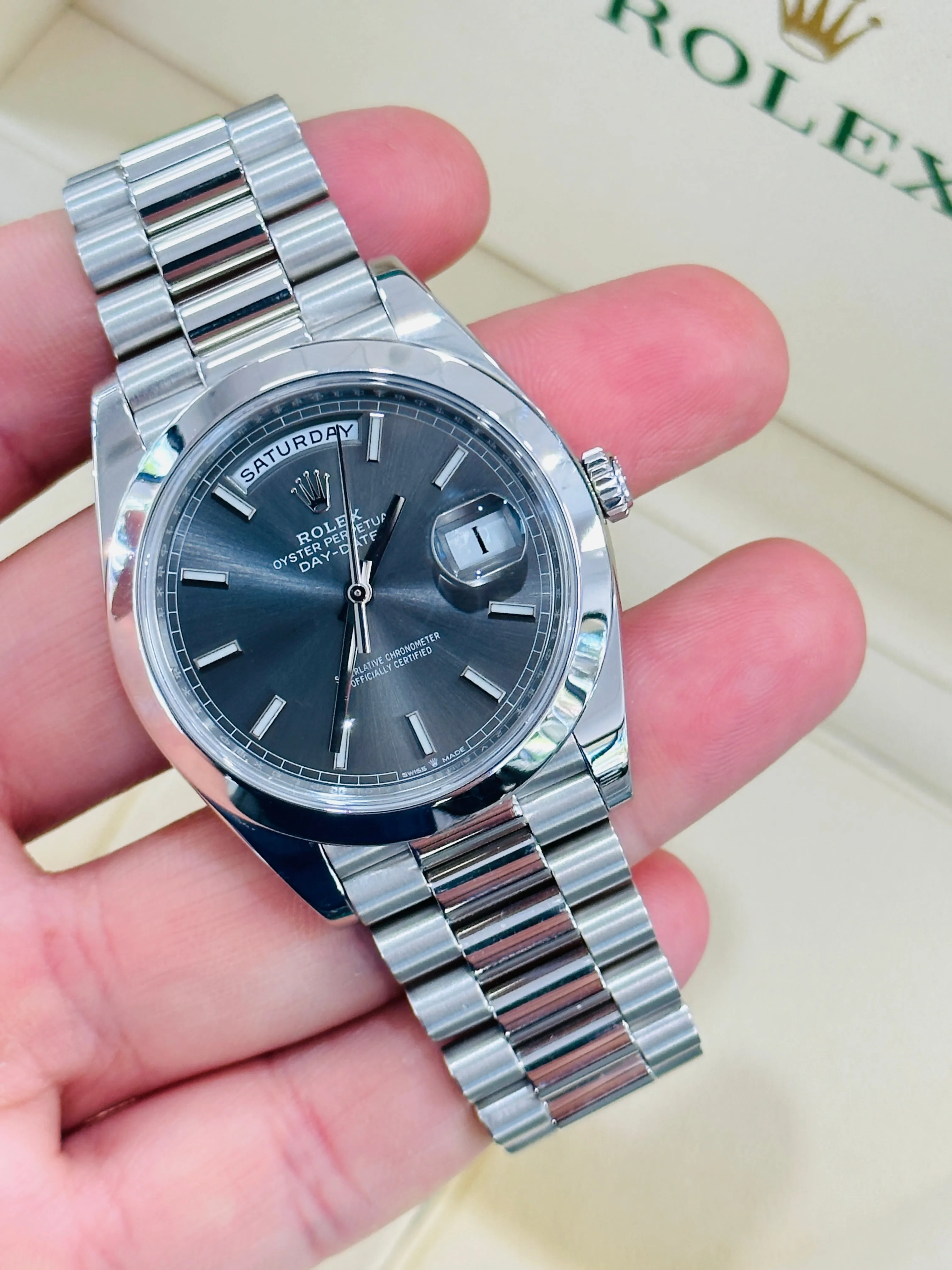 Rolex Day-Date 40mm Platinum 228206 Grey PreOwned