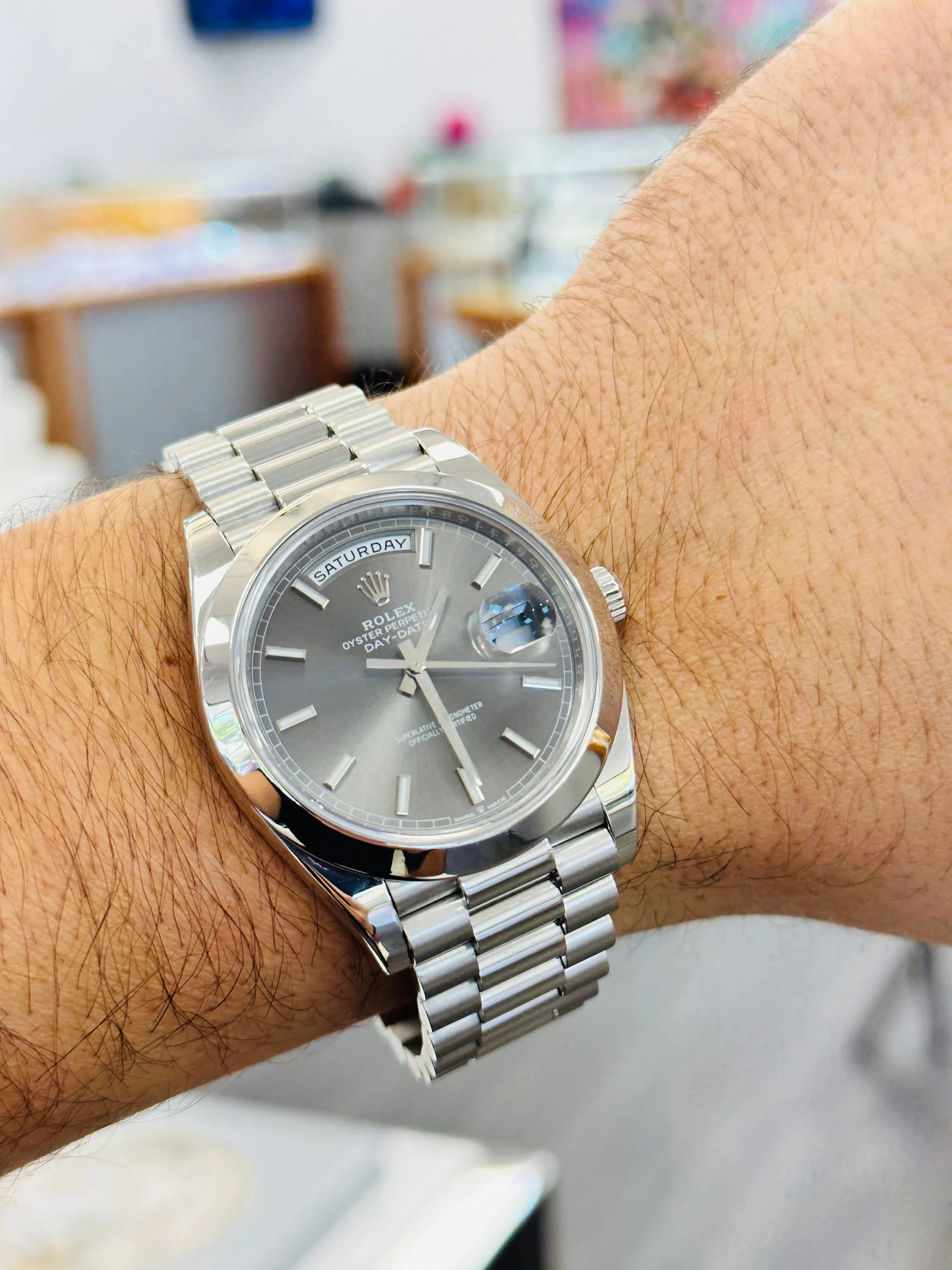 Rolex Day-Date 40mm Platinum 228206 Grey PreOwned
