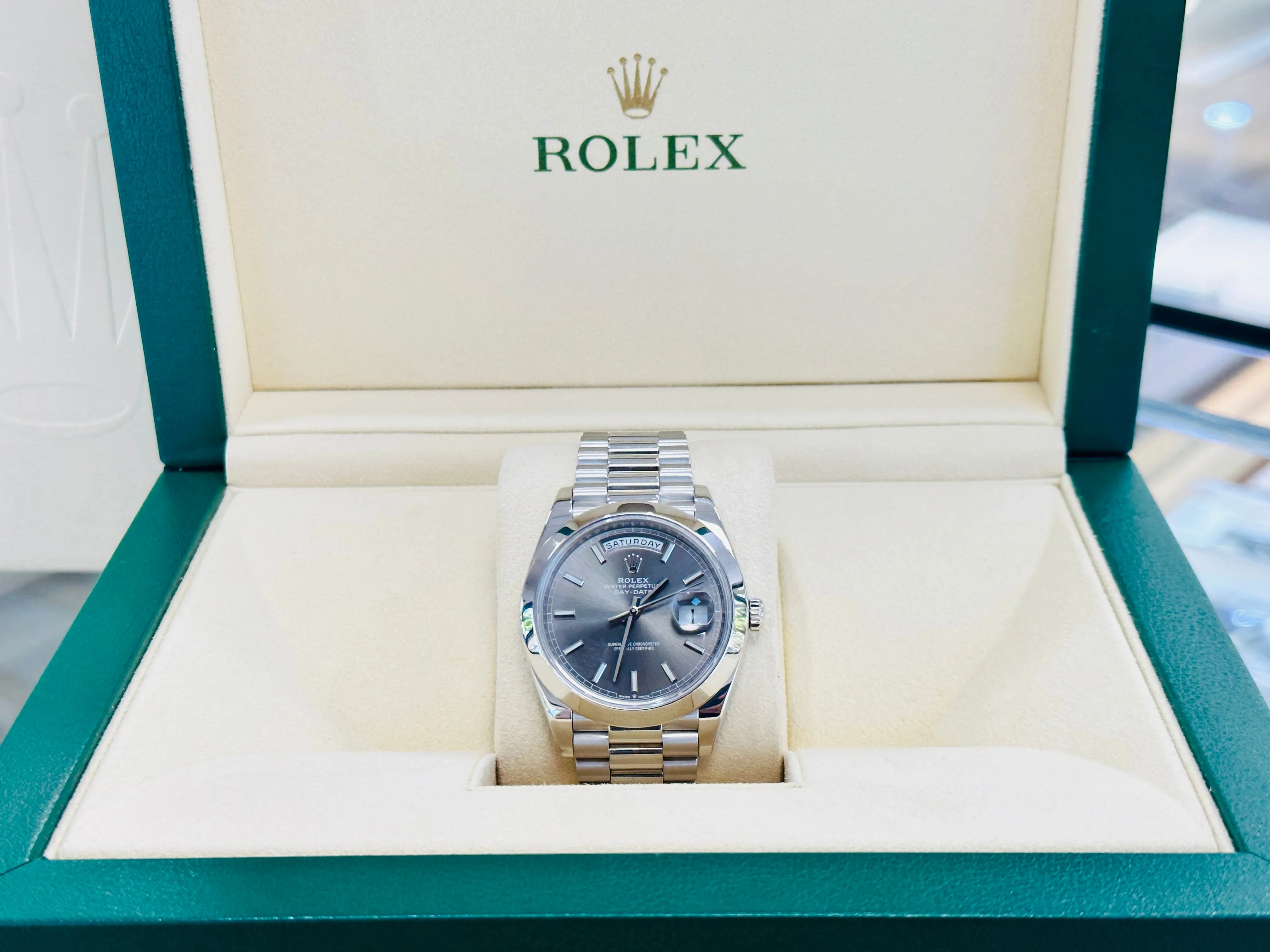 Rolex Day-Date 40mm Platinum 228206 Grey PreOwned